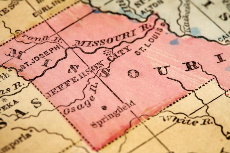 Close-up of a vintage map highlighting Missouri and the Wentzville region